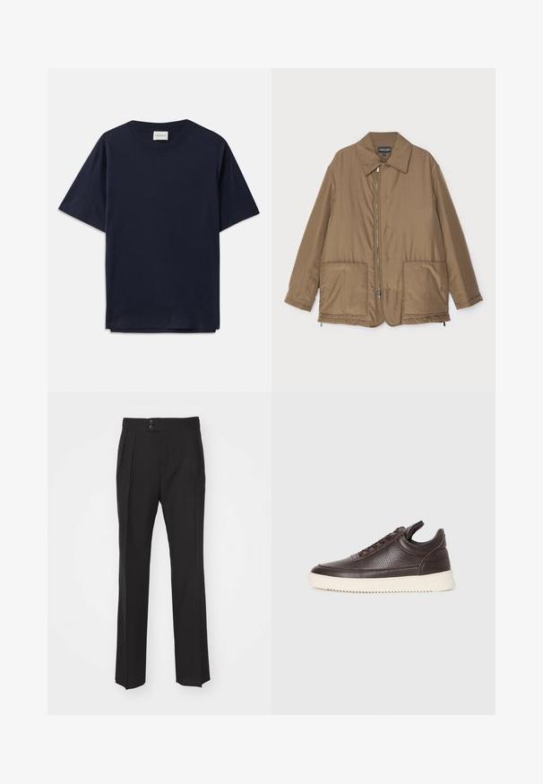 Hnedá prešívaná bunda s golierom, predným zipsom, dvoma veľkými vreckami a jemným leskom. Jednoduchý dizajn s voľným strihom.; Námornícky modré bavlnené tričko s krátkymi rukávmi, okrúhlym výstrihom a voľným strihom. Na výstrihu je označenie "CLOSED". Hladká textura.; Čierne elegantné nohavice s rovnými nohavicami, dvoma prednými vreckami a dvojitým zapínaním na páse. Hladká textúra materiálu.; Tmavohnedá textúrovaná kožená teniska s šnurovaním a bielou zvrškovou gumovou podrážkou na jednoduchom svetlom pozadí.