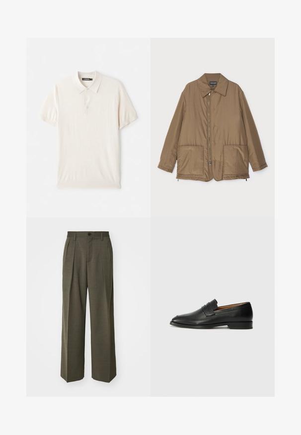 Brown padded jacket with a collared neck, front zip closure, two large pockets, and slight sheen. Simple design with a relaxed fit.; Light beige polo shirt with a classic collar, three-button placket, and short sleeves. Made from soft, smooth fabric. Simple design with no patterns.; Filippa K WIDE TROUSERS - Trousers - driftwood; Black leather loafer with a rounded toe, subtle stitched detailing, and a low heel, featuring a smooth texture and minimalist design.