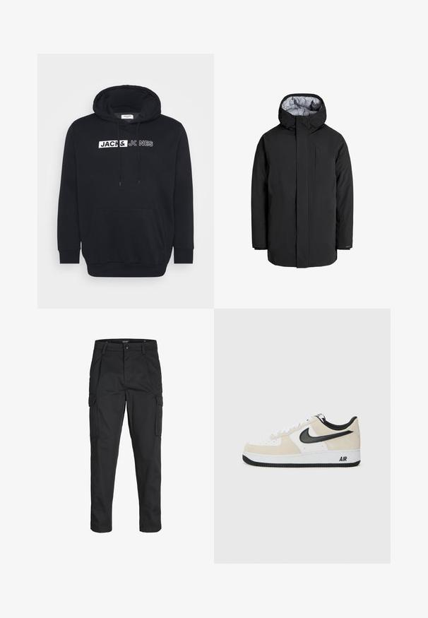 Parka nera con cappuccio, con chiusura frontale a zip, due tasche laterali, texture liscia e fodera interna in contrasto.; Felpa nera con cappuccio in tessuto misto cotone, dotata di una grande tasca frontale, cappuccio con coulisse e testo brandizzato bianco sul petto.; Pantaloni cargo neri realizzati in un tessuto resistente, dotati di molteplici tasche, chiusura con bottone e un design aderente con gambe affusolate.; Sneaker con una parte superiore in suede beige chiaro e pelle bianca, logo Nike Swoosh nero, dettagli neri e una suola in gomma bianca con il marchio "AIR".