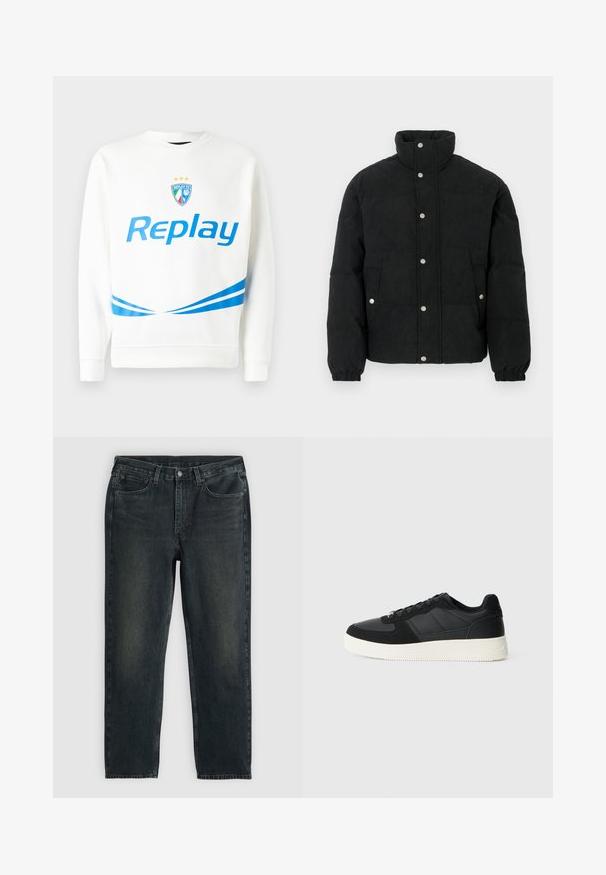 Casaco acolchoado de bombazina preta com gola alta, fecho frontal de botões de pressão, dois bolsos frontais e punhos elásticos para um ajuste confortável.; Sweatshirt branco com um logotipo azul "Replay", um emblema de equipa com estrelas, e riscas diagonais azuis na cintura e nas mangas. Textura suave.; Jeans de denim azul-escuro com corte reto, apresentando cinco bolsos, fecho de zip e costura em contraste. Desgaste sutil no tecido.; Fivela preta de cano baixo com pele texturizada e painéis de camurça, sola de borracha branca e atacadores pretos, em fundo claro liso.
