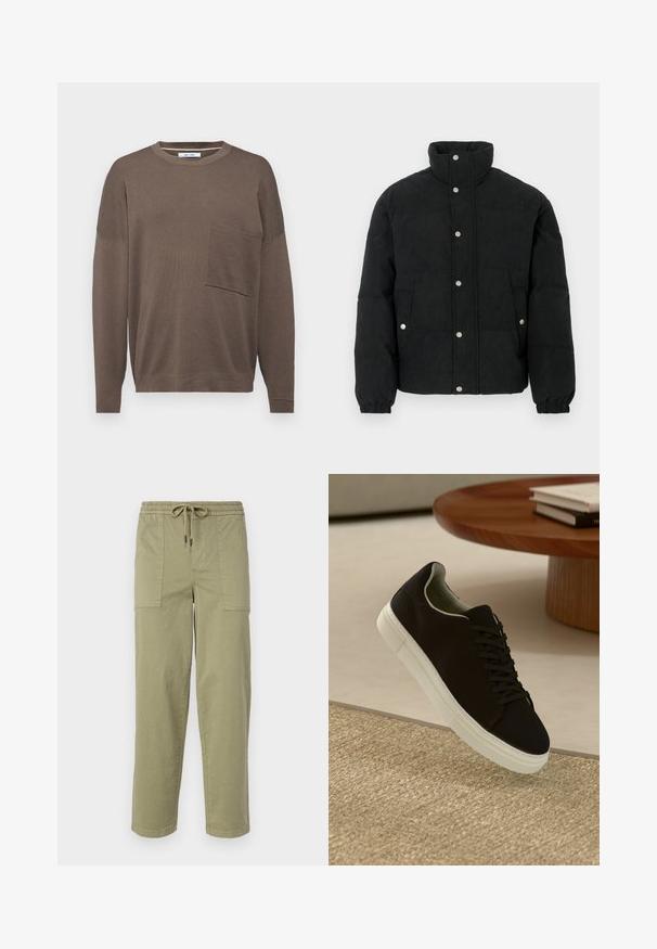 Melna kordurova pūdera jaka ar augstu apkakli, priekšā ar spiedpogām, divām priekšējām kabatām un elastīgām aprocēm ciešai fit.; Brūns garām piedurknēm svītra ar apaļu kakla izgriezumu, kurai ir priekšējā kabata un teksturēta adījuma dizains. Piegriezums ir brīvs, un piedurknes ir nedaudz nolaistas.; Gaišolīci zaļas bikses no kokvilnas maisījuma auduma, ar elastīgu jostu un saiti, kā arī divām lielām sānu kabatām.; Melni sporta apavi ar baltu zoli, kas peld virs bēša tekstūrēta paklāja netālu no apaļa koka galda ar sakrautiem grāmatām.