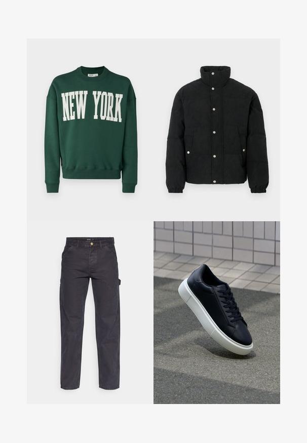 Black corduroy puffer jacket with a high collar, snap-button front, two front pockets, and elastic cuffs for a snug fit.; Green sweatshirt with crew neckline, featuring "NEW YORK" in large white letters across the front. Ribbed cuffs and hem. Soft texture.; Dark gray cargo pants made of durable fabric, featuring a straight-leg cut, five pockets, and a button closure at the waist.; Black leather sneaker with rounded toe and white rubber sole. Features flat laces and minimal stitching on the upper. Textured sole for grip.