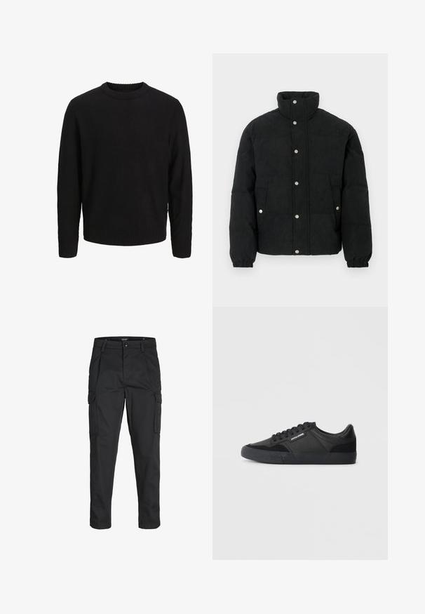 Svart manchesterpufferjacka med hög krage, knappstängning framtill, två framfickor och elastiska muddar för en tajt passform.; Svart stickad tröja med rund hals, långa ärmar och ribbad mudd och nederkant. Har ett texturerat mönster över hela kroppen.; Svarta cargobyxor tillverkade av hållbart tyg, med flera fickor, knappstängning och en smal passform med avsmalnande ben.; Svarta sneakers med en blandning av läder och mocka, med runda snörning, strukturerad gummisula och en logotyp på sidan.