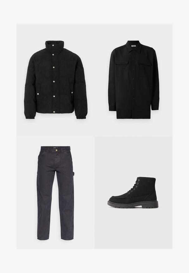 Black corduroy puffer jacket with a high collar, snap-button front, two front pockets, and elastic cuffs for a snug fit.; Black button-up shirt made of smooth fabric, featuring a classic collar, two front pockets, and long sleeves with button cuffs.; Dark gray cargo pants made of durable fabric, featuring a straight-leg cut, five pockets, and a button closure at the waist.; Black ankle boots made of suede and synthetic material. Rounded toe, six eyelets with metallic laces, thick rubber sole, and minimal text detail.