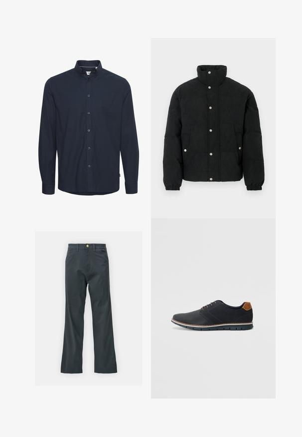 Crna pufasta jakna od korduroja s visokim ovratnikom, prednjim zatvaranjem na drukere, dva prednja džepa i elastičnim manšetama za čvrsto prianjanje.; Mornarsko plava košulja dugih rukava izrađena od pamuka. Ima ovratnik na dugmadi, prednje dugmadi i standardne manšete. Glatka tekstura bez uzoraka.; Crne hlače s ravnim krojem, napravljene od tkanine s pamukom. Imaju metalnu dugmad za zatvaranje i bočne džepove. Nema vidljivih uzoraka.; Crne sintetičke cipele s teksturiranim gornjim dijelom, glatkim akcentima, smešnim petom i kontrastnom potplatom. Imaju minimalne vezice i detalje šivanja.