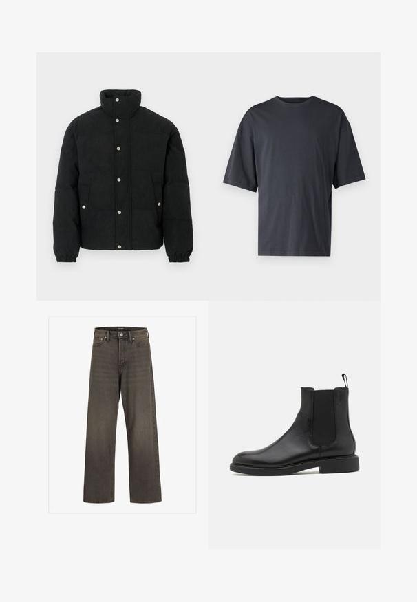 Black corduroy puffer jacket with a high collar, snap-button front, two front pockets, and elastic cuffs for a snug fit.; Dark gray short-sleeve t-shirt made of lightweight cotton, featuring a loose fit and classic crew neckline, with plain texture and no patterns.; Wide-leg jeans in dark grey denim, featuring a high waist, classic five-pocket design, and contrasting stitching along the seams.; Black leather ankle boot with smooth texture, elastic side panels, and a pull tab. Round toe and flat rubber sole with minimal tread.