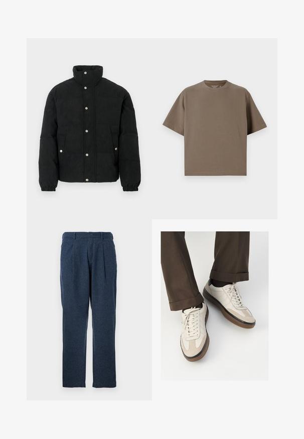 Črna puhovka iz kordurovega blaga z visokim ovratnikom, sprednjim zapenjanjem na pritrdilne gumbe, dvema sprednjima žepoma in elastičnimi manšetami za udobno prileganje.; Svetlo rjava majica s kratkimi rokavi, narejena iz mehkega materiala, z okroglim izrezom. Ima sproščen kroj in preprosto obrobo.; Temno modri hlače iz teksturirane tkanine, z naborki, gumbom za zapiranje in ravnim krojem.; Bež teniske z teksturiranim prednjim delom iz usnja, gladkimi kožnimi stranicami in rjavo gumijasto podplatom. Vključene vezalke in svetla šivana detajla.
