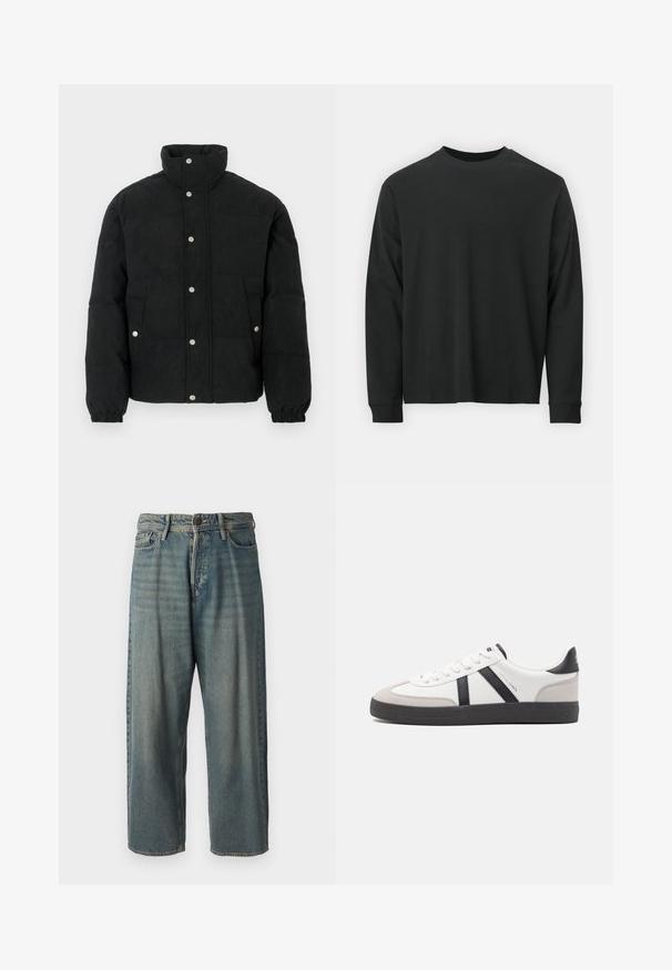 Juoda kordurovinė striukė pūsta, su aukštu apykakliu, spaustukais užsegama priekyje, dviem priekinėmis kišenėmis ir elastinėmis rankogaliais, kad gerai prigludtų.; Ilga melsva juoda marškinėliai, pagaminti iš medvilnės, su apvaliu iškirpimu, laisvu siluetu ir ripsuota apykakle. Lygus paviršius be matomų raštų.; Šviesiai mėlyni džinsai su laisvu siluetu, vidutinio aukščio juosmeniu ir tiesiomis kojomis. Su penkiais kišenėmis, diržo kilpo ir mygtukų uždarymu.; Balti sportbačiai su juodais ir pilkais akcentais, pasižymintys tekstūruotu pilku pirštų dangteliu, juoda gumine padais ir plokščiomis baltomis raišteliais. Švarus dizainas, minimalistinis stilius.