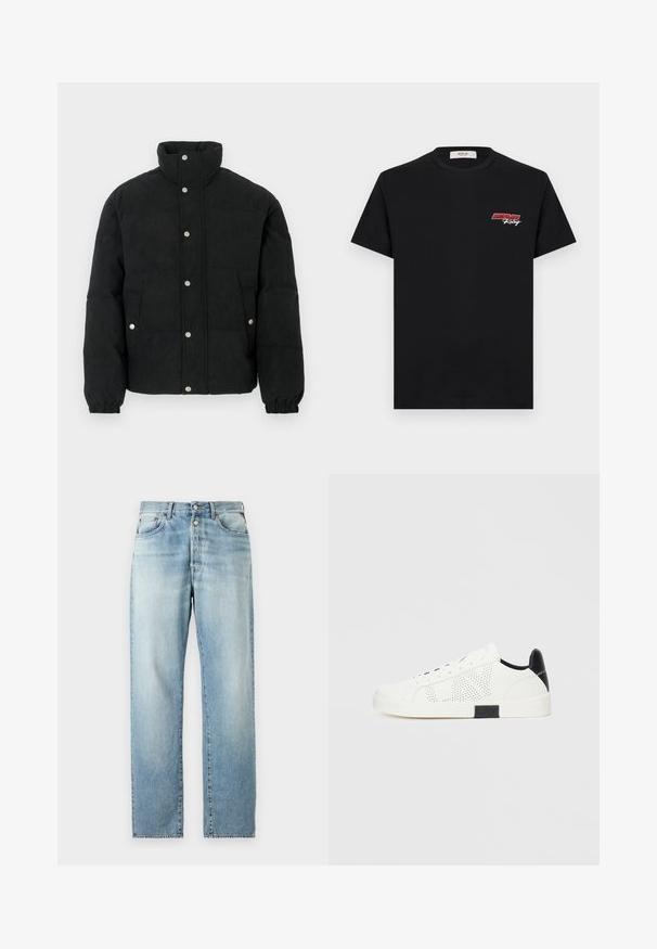 Mustast vatiinist manšettidega kergelt paksudelt triibuline jope, millel on kõrge krae, ees nööbitav sulgemine, kaks eesmist taskut ja elastsed varrukamansetid tiheda sobivuse tagamiseks.; Must värvi puuvillane T-särk lühikeste varrukatega. Vasakul rinnal on väike punase ja valge "REPLAY Racing" logo. Lihtne disain.; Heled sinine denimist teksapüksid otsejalaga disainiga, klassikalise viie tasku paigutusega ja nööbiga sulgemine. Kerge kulunud tekstuur kogu ulatuses.; Valged spordijalatsid perforatsiooni mõjuga, musta kanna aksendiga ja valge kummist tallaga. Varustatud nööride ja logoga külgedel. Sile nahast tekstuur.