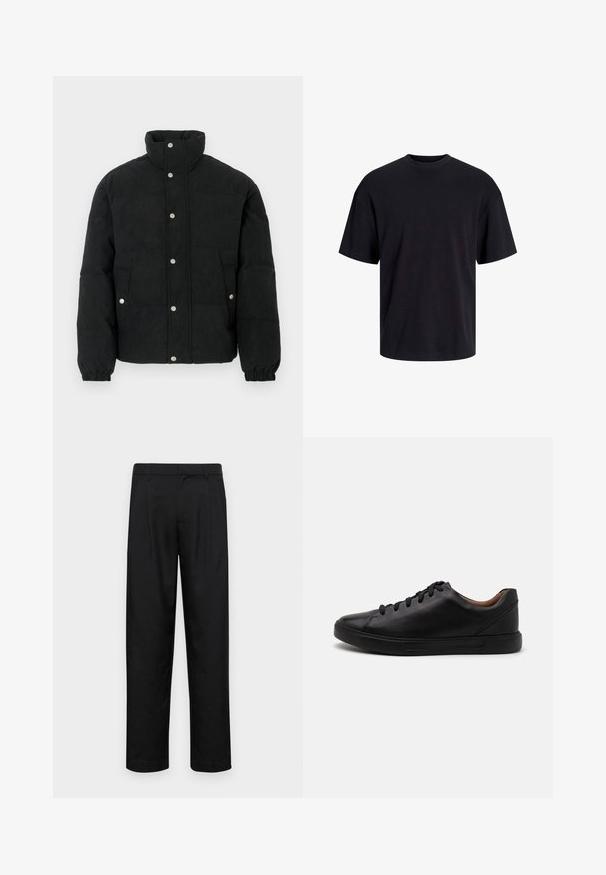 Black corduroy puffer jacket with a high collar, snap-button front, two front pockets, and elastic cuffs for a snug fit.; Black cotton t-shirt with a crew neckline, short sleeves, and a relaxed fit. Smooth texture and no visible patterns or accents.; Black trousers made of smooth fabric, featuring a straight-leg design, two front pleats, and standard waistband with belt loops.; Black leather sneakers with a smooth finish, round toe, and six-eyelet lace-up closure; features a black rubber sole for grip.