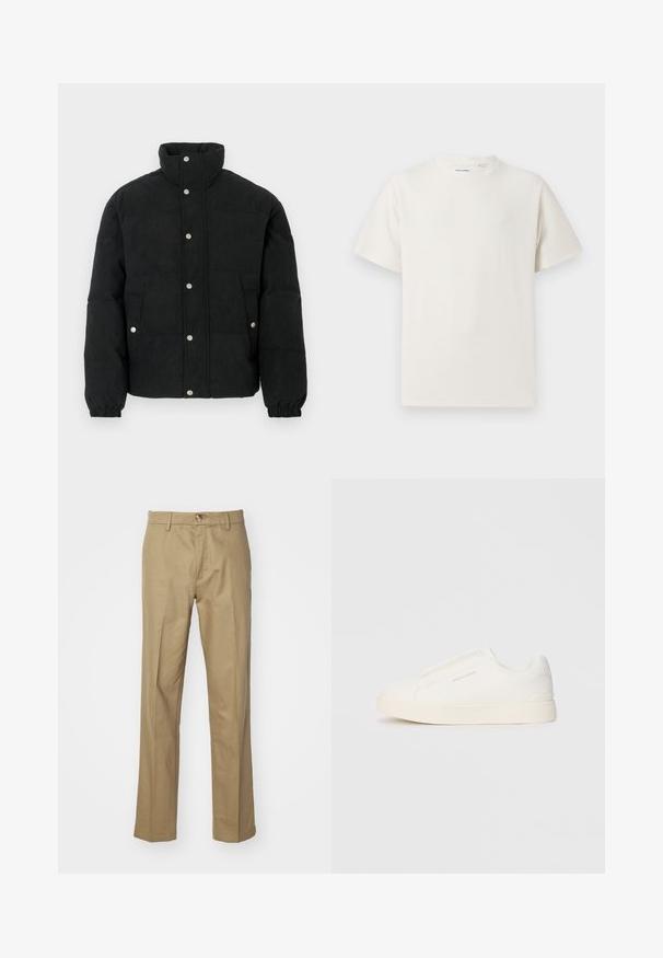Geacă matlasată din catifea neagră cu guler înalt, închidere frontală cu capse, două buzunare frontale și manșete elastice pentru o potrivire confortabilă.; Tricou alb cu maneci scurte, dintr-un material ribbed. Guler rotund, croi lejer, fără modele sau accente vizibile. Design simplu și versatil.; Pantaloni bej dintr-un material neted. Design cu picioare drepte și închidere cu un buton. Au bucle pentru curea și un croi clasic pentru o potrivire versatilă.; Tenisi albi slip-on cu o suprafață texturată, talpă groasă și un design minimalist. Prezintă logo-ul brandului pe lateral.