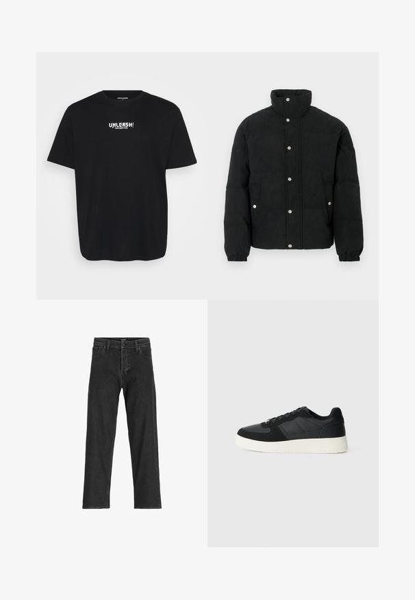 Crna pufasta jakna od korduroja s visokim ovratnikom, prednjim zatvaranjem na drukere, dva prednja džepa i elastičnim manšetama za čvrsto prianjanje.; Crna pamučna majica s okruglim izrezom, kratkim rukavima i prednjim tekstualnim dizajnom u bijeloj boji koji glasi "OSLOBODITE SVOG UNUTARNJEG TIGRA."; Crne traperice s ravnim krojem, s patentnim zatvaračem, petljama za pojas i šest džepova, izrađene od čvrste mješavine pamuka.; Crni niski tenisice s teksturiranom kožom i antilop panelima, bijelim gumene potplate i crnim vezicama na jednostavnoj svijetloj pozadini.