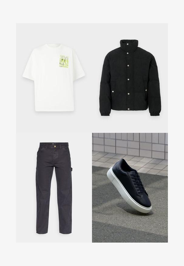 Fekete kordbársony műszőrmés dzseki magas gallérral, patentos elülső résszel, két első zsebbel és rugalmas mandzsettákkal a kényelmes illeszkedésért.; Fehér, oversized pamut póló, zöld grafikával az elülső oldalán, amelyen a "REPLAY MARTIN GARRIX" felirat található. Rövid ujjú és kerek nyakú.; Sötétszürke cargo nadrág tartós anyagból, egyenes szárú fazonnal, öt zsebbel és gombos derékzárral.; Fekete bőr sportcipő lekerekített orral és fehér gumitalppal. Lapos fűzőkkel és minimális varrásokkal rendelkezik a felsőrészén. Mintás talp a tapadásért.