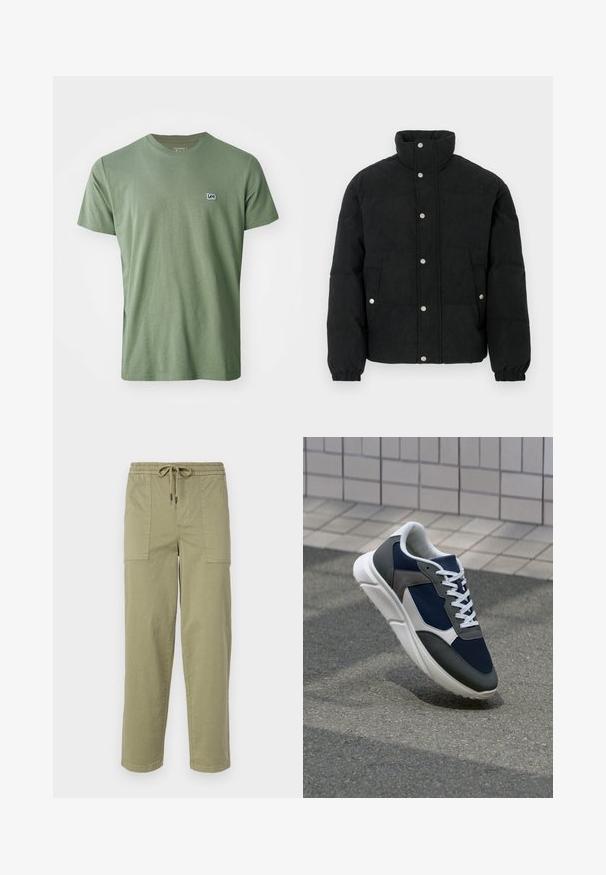 Black corduroy puffer jacket with a high collar, snap-button front, two front pockets, and elastic cuffs for a snug fit.; Lee PATCH LOGO TEE - Basic T-shirt - olive stone; Light olive green pants made of cotton blend fabric, featuring an elastic waistband with drawstring, and two large side pockets.; Sneaker featuring a navy blue mesh upper, gray suede accents, white rubber sole, and flat white laces, designed for comfort and breathability.