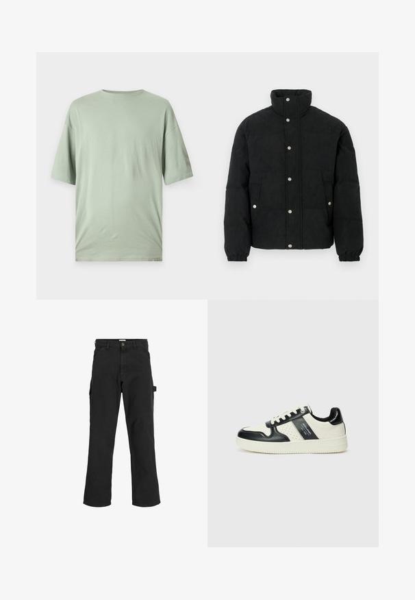 Black corduroy puffer jacket with a high collar, snap-button front, two front pockets, and elastic cuffs for a snug fit.; Light green short-sleeve t-shirt made of soft fabric. Features a round neck and a relaxed fit with no visible patterns or embellishments.; Black cargo pants in cotton blend fabric. Features wide legs, front slant pockets, and a side pocket with a loop for accessories.; Leather sneakers with a black and cream color scheme, featuring perforated accents, a padded collar, and a textured outsole.