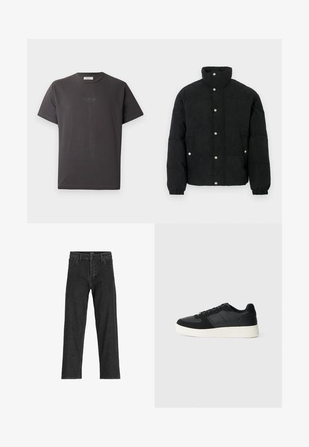 Geacă matlasată din catifea neagră cu guler înalt, închidere frontală cu capse, două buzunare frontale și manșete elastice pentru o potrivire confortabilă.; Tricou scurt din bumbac de culoare gri închis, cu mâneci scurte, având un logo "REPLAY" subtil embosat pe față. Guler în formă de cerc și croială lejeră.; Jeans negri din denim cu un design drept, dotate cu fermoar, curea pentru centură și șase buzunare, fabricate dintr-un material robust din bumbac.; Adidași negri cu talpă joasă, din piele texturată și panouri din nubuck, cu talpă din cauciuc alb și șireturi negre, pe un fundal deschis simplu.