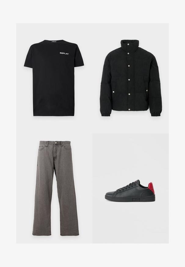 Black corduroy puffer jacket with a high collar, snap-button front, two front pockets, and elastic cuffs for a snug fit.; Black cotton T-shirt with short sleeves and a crew neckline, featuring a white "REPLAY" logo on the left chest area. Smooth texture.; Gray straight-leg denim jeans with front button, zipper fly, and five-pocket design against a white background.; Black synthetic sneaker with red heel accents, perforated side design, rounded toe, flat black sole, and black laces.