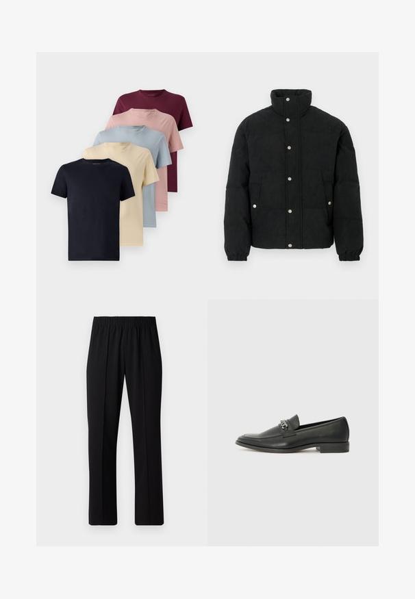 Juoda kordurovinė striukė pūsta, su aukštu apykakliu, spaustukais užsegama priekyje, dviem priekinėmis kišenėmis ir elastinėmis rankogaliais, kad gerai prigludtų.; Penki trumpomis rankovėmis marškiniai, išdėstyti vienas šalia kito. Spalvos: tamsiai mėlyna, kreminė, šviesiai mėlyna, rožinė ir burgundinė. Lygus audinys, apvalaus kaklo dizainas.; Juodos, elastingos juosmens kelnės su tiesiomis kojomis, turinčios lygų paviršių ir be matomų raštų ar detalių.; Juodos odinės loafer tipo bateliai su lygiu paviršiumi, turintys siuvinėtą dizainą ir dekoratyvų metalo grandinėlės akcentą ant batų viršaus. Plokščias kulnas.