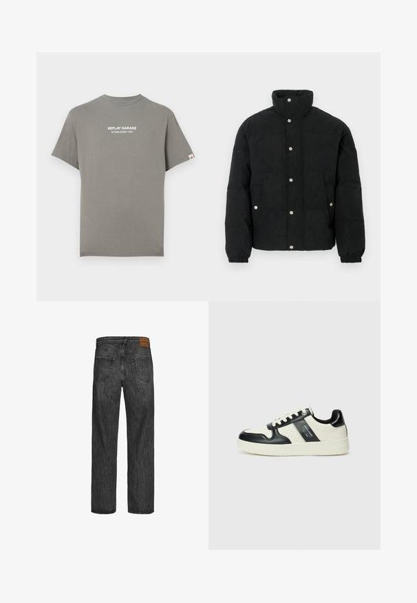 Černá manšestrová péřová bunda s vysokým límcem, zapínáním na patentky, dvěma předními kapsami a elastickými manžetami pro těsné přilnutí.; Šedé tričko s krátkým rukávem a kulatým výstřihem. Na přední straně je bíle potištěný text "REPLAY GARAGE ZALOŽENO 1981". Standardní střih.; Černé džíny z denimu s rovnými nohavicemi, pět kapes, a hnědá kožená nášivka na pásku. Texturovaná látka s detaily šití.; Kožené tenisky s černobílou barevnou kombinací, které mají perforované detaily, polstrovaný límec a texturovanou podrážku.