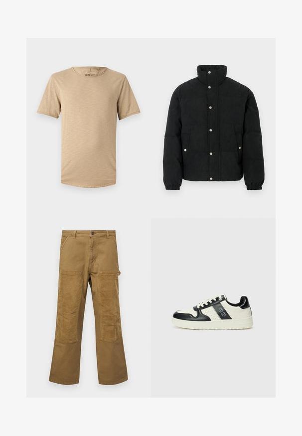 Chaqueta acolchada de pana negra con cuello alto, cierre frontal de botones a presión, dos bolsillos delanteros y puños elásticos para un ajuste ceñido.; Camiseta de manga corta beige hecha de tela suave. Presenta un escote redondo y una superficie ligeramente texturizada con un dobladillo curvado.; Pantalones cargo de algodón marrón con parches de tejido acanalado en contraste, corte recto, cinco bolsillos y cierre de botón.; Zapatillas de cuero con un esquema de colores negro y crema, que cuentan con acentos perforados, un collar acolchado y una suela texturizada.