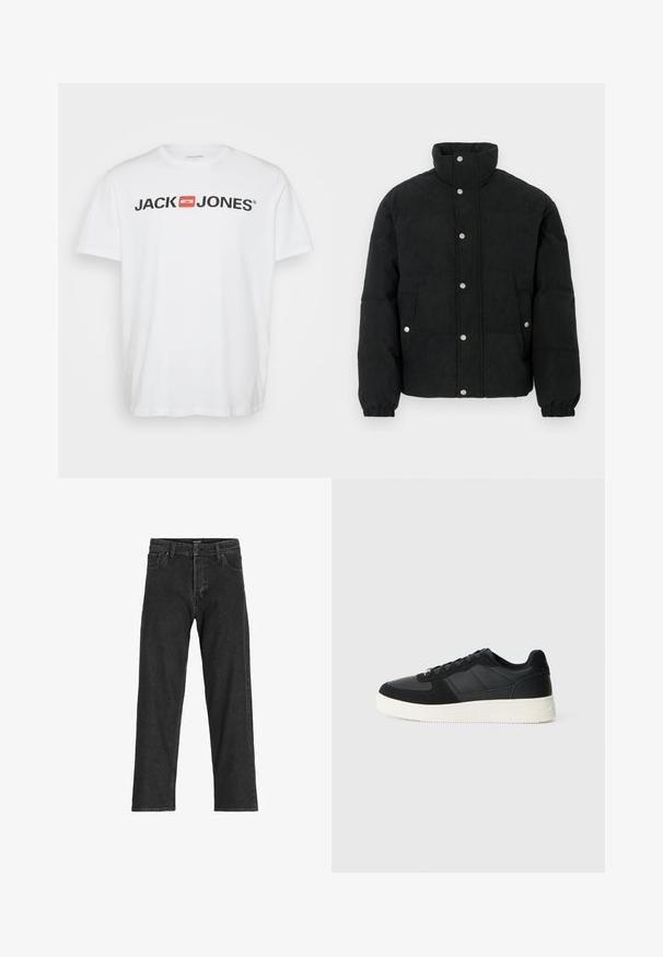 Svart cordfløyel dunjakke med høy krage, kneppe med trykknapper foran, to frontlommer og elastiske mansjetter for en tett passform.; Hvit bomull T-skjorte med "JACK & JONES" logo i svart med en rød rektangulær aksent. Korte ermer og rund hals. Glatt tekstur.; Sorte denimjeans med rett ben-design, som har glidelås, beltehemper og seks lommer, laget av et slitesterkt bomullsmateriale.; Svart lavtopp sneakers med teksturert lær og semskede paneler, hvit gummisåle og svarte snørebånd på en enkel lys bakgrunn.