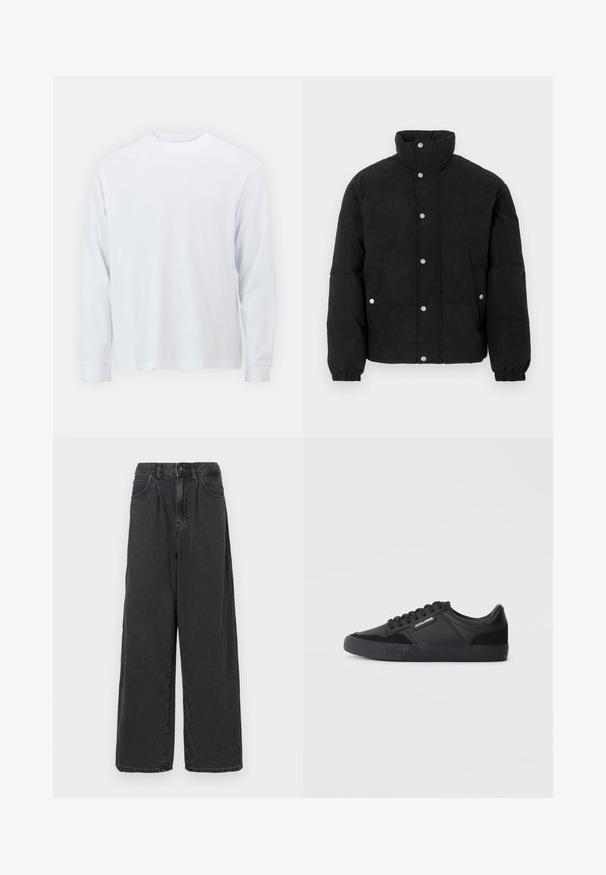 Μαύρο μπουφάν από κορντουρό με ψηλό γιακά, εμπρόσθιο κούμπωμα με κουμπιά, δύο εμπρόσθιες τσέπες και ελαστικά μανίκια για στενή εφαρμογή.; Λευκό μπλουζάκι μακρύ μανίκι από βαμβάκι, με στρογγυλή λαιμόκοψη και ευθεία κόψη. Μοναδική υφή, απλός σχεδιασμός χωρίς σχέδια ή επισημάνσεις.; Μαύρο τζιν παντελόνι με φαρδιά πόδια και ψηλή μέση, με κλείσιμο μπροστά με κουμπί και φερμουάρ, διαθέτει πλευρικές τσέπες και λεία υφή.; Μαύρα αθλητικά παπούτσια με συνδυασμό δερμάτινων και σουέτ υλικών, διαθέτουν στρογγυλά κορδόνια, υφή από καουτσούκ στη σόλα και λογότυπο της μάρκας στο πλάι.