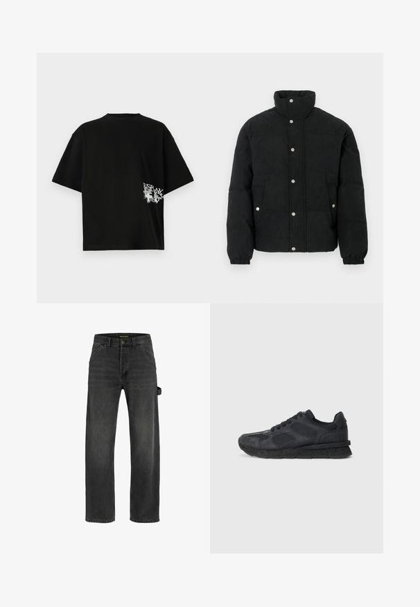 Zwart corduroy pufferjack met een hoge kraag, voorzijde met drukknoopsluiting, twee steekzakken aan de voorkant en elastische manchetten voor een strakke pasvorm.; Zwart, oversized t-shirt van katoen; heeft een witte tekst en grafische print aan de linkerkant nabij de zoom. Korte mouwen en ronde hals.; Donkergrijze denim jeans met een rechte snit, vijf zakken, een metalen knoopsluiting en een zijbandafwerking.; Replay ARTHUR ATOM - Sneakers laag - black