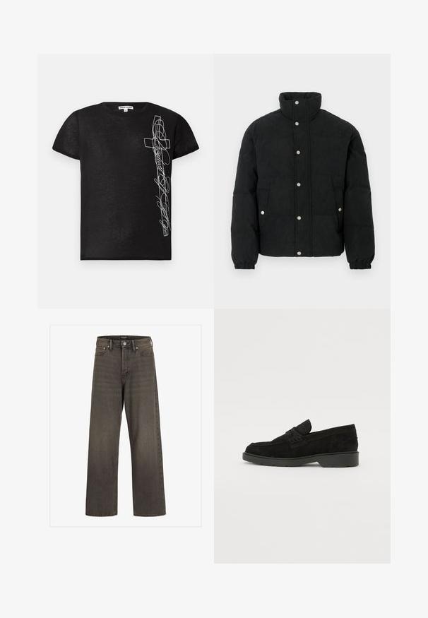 Mustast vatiinist manšettidega kergelt paksudelt triibuline jope, millel on kõrge krae, ees nööbitav sulgemine, kaks eesmist taskut ja elastsed varrukamansetid tiheda sobivuse tagamiseks.; Must mustaheaga mustrihiga T-särk, mis on valmistatud pehmest kangast, vasakul küljel valge tikandiga rist ja stiliseeritud tekst.; Laia säärtega sinimustad teksad tumeda halli denimi, kõrge talje, klassikalise viie tasku disaini ning kontrastsete õmblustega õmblustel.; Mustad sametist loafers madala kontsaga, millel on lihtne riba ülaservas ja tekstuuritud detailid külgedel.