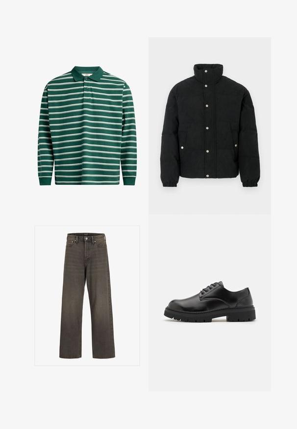 Sort kordfløjls-dunjakke med høj krave, forside med trykknapper, to forlommer og elastiske manchetter for en tætsiddende pasform.; Langærmet polo skjorte i mørkegrøn med hvide vandrette striber. Har en klassisk krave, tre-knaps lukning og ribbede manchetter.; Bredde ben jeans i mørkegrå denim med høj talje, klassisk fem-lommer design og kontrasterende syninger langs sømmene.; Sorte lædersko med rund tå, snørelukning og en tykk, struktureret gummisål. Har syninger langs kanten og en glat overflade.