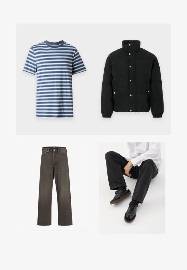 Black corduroy puffer jacket with a high collar, snap-button front, two front pockets, and elastic cuffs for a snug fit.; Striped t-shirt in navy blue with light blue and white horizontal stripes. Classic crew neck design, made from soft cotton fabric.; Wide-leg jeans in dark grey denim, featuring a high waist, classic five-pocket design, and contrasting stitching along the seams.; Black sneakers with a smooth and textured upper, featuring a rubber sole and dark laces. Paired with black jeans and a white striped shirt.