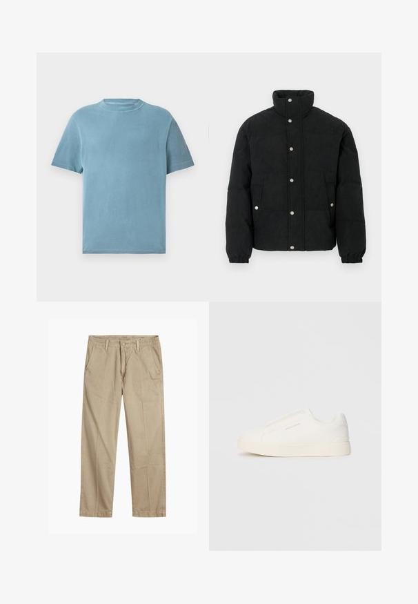 Casaco acolchoado de bombazina preta com gola alta, fecho frontal de botões de pressão, dois bolsos frontais e punhos elásticos para um ajuste confortável.; T-shirt de manga curta, com decote redondo, em algodão azul claro. O tecido parece suave, com uma textura lisa e detalhes de costura mínimos.; Chinos bege de perna reta com passantes para cinto, fecho frontal com botão e fecho de correr, e bolsos frontais inclinados.; Sapatilhas brancas de atacar com uma superfície texturizada, sola grossa e design minimalista. Possui o logo da marca na lateral.