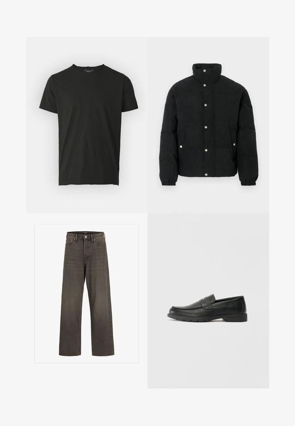 Čierna manšestrová prešívaná bunda s vysokým golierom, zapínaním na patentné gombíky, dvoma vreckami vpredu a elastickými manžetami pre pohodlné priliehanie.; Čierne bavlnené tričko s krátkym rukávom a okrúhlym výstrihom. Hladká textúra, minimalistický dizajn a štítok na zadnej strane výstrihu.; Džínsy s širokými nohavicami v tmavošedej džínsovine, s vysokým pásom, klasickým dizajnom s piatimi vreckami a kontrastným šitím pozdĺž švov.; Čierne kožené mokasíny s hladkým povrchom, vrchnou časťou v štýle mokasín, prešitým detailom a gumovou podrážkou. Klasický dizajn s nízkym podpätkom.
