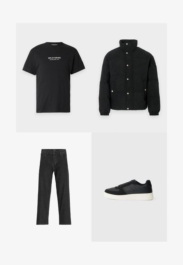 Chaqueta acolchada de pana negra con cuello alto, cierre frontal de botones a presión, dos bolsillos delanteros y puños elásticos para un ajuste ceñido.; Camiseta de algodón negra con mangas cortas, que presenta texto impreso en blanco "REPLAY GARAGE ESTABLISHED 1981" centrado en el pecho.; Jeans de mezclilla negra con un diseño de pierna recta, que cuentan con una bragueta con cremallera, pasadores para cinturón y seis bolsillos, fabricados en una resistente mezcla de algodón.; Zapatilla negra de corte bajo con paneles de cuero texturizado y gamuza, suela de goma blanca y cordones negros sobre un fondo claro y liso.