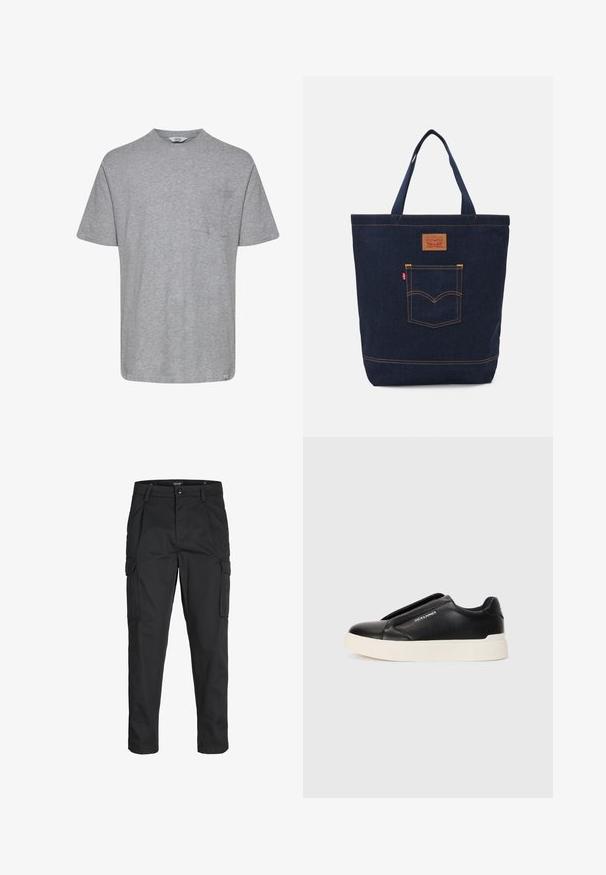 Black corduroy puffer jacket with a high collar, snap-button front, two front pockets, and elastic cuffs for a snug fit.; Grey short-sleeve t-shirt made of soft fabric. Features a crew neckline and left chest pocket, with a straight hem. Minimalist design.; Black cargo pants made of sturdy fabric, featuring multiple pockets, a button closure, and a slim fit design with tapered legs.; Black slip-on sneaker with textured leather upper, white rubber sole, and no visible laces. Features brand logo on the side.; Denim tote bag in dark blue with two handles, visible stitching, and a front pocket featuring a classic logo patch.