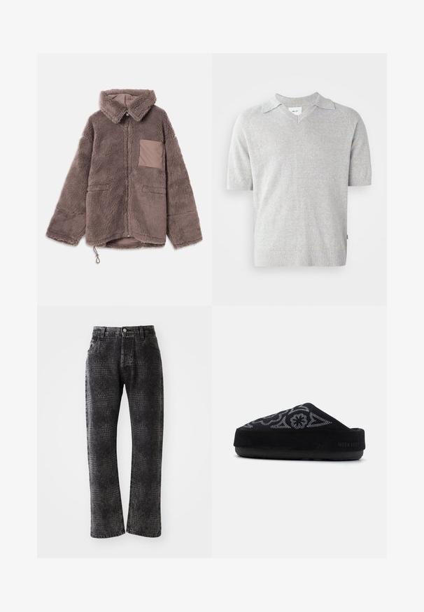 Jachetă pufoasă, maro, din fleece, cu guler, închidere cu fermoar, două buzunare frontale și un detaliu contrastant de buzunar bej.; Polo shirt din tricot gri cu mânecă scurtă, de tip V, având o textură subtilă și tivuri la terminarea mânecilor și a bumbacului. Eticheta brandului este vizibilă în interior.; Jeans negri cu un model texturat de crocodil, design drept, cinci buzunare, și închidere cu buton metalic și fermoar.; Pantof suede negru, tip slip-on, cu design brodat, vârf rotund, talpă groasă și textul "MOON BOOT" pe călcâi. Suprafață texturată.