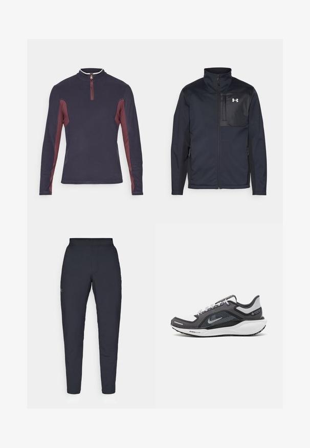 Giacca nera a maniche lunghe con colletto alto, dotata di zip frontale, tasche laterali e un pannello centrale a contrasto, sempre nero, con un logo.; Pullover a maniche lunghe blu navy con pannelli laterali bordeaux e colletto con zip a un quarto, dotato di un piccolo tirante in metallo argentato.; Pantaloni sportivi neri con una texture liscia, vestibilità slim, vita elastica e tasche laterali. Presentano un piccolo logo sulla coscia sinistra.; Scarpa da ginnastica nera e grigia con tomaia in rete, dettagli riflettenti e intersuola bianca. Presenta una suola in gomma testurizzata e lacci.