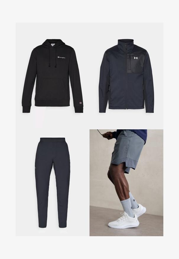Long-sleeve black jacket with a high collar, featuring a front zipper, side pockets, and a contrasting black chest panel with a logo.; Black hoodie made from soft cotton blend, featuring a front pocket, drawstring hood, and Champion logo embroidered in white.; Black athletic pants with a smooth texture, slim fit, elastic waistband, and side pockets. Features a small logo on the left thigh.; White athletic shoes with textured mesh upper, paired with light blue ribbed socks featuring a logo. Grey athletic shorts with perforated trim.
