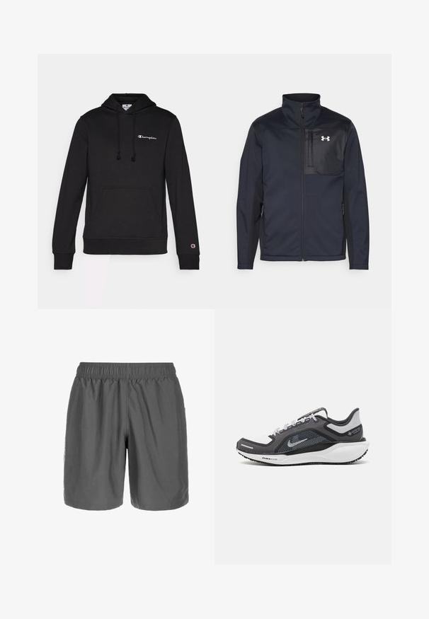 Μαύρο μπουφάν με μακριά μανίκια και ψηλό γιακά, διαθέτει εμπρός φερμουάρ, πλαϊνές τσέπες και αντίθετη μαύρη πάνελ στο στήθος με λογότυπο.; Μαύρη hoodie φτιαγμένη από μαλακό μείγμα βαμβακιού, με μπροστινή τσέπη, κουκούλα με κορδόνια και λογότυπο Champion κεντημένο σε λευκό.; Γκρι αθλητικά σορτς με ελαστική μέση, λείες υφές και χαλαρή εφαρμογή. Πλευρική τσέπη και ελάχιστος χαρακτηρισμός στο κάτω πόδι.; Μαύρο και γκρι αθλητικό παπούτσι με επάνω μέρος από διχτυωτό υλικό, ανακλαστικές λεπτομέρειες και λευκή μεσαία σόλα. Διαθέτει υφή από καουτσούκ στην εξωτερική σόλα και κορδόνια.
