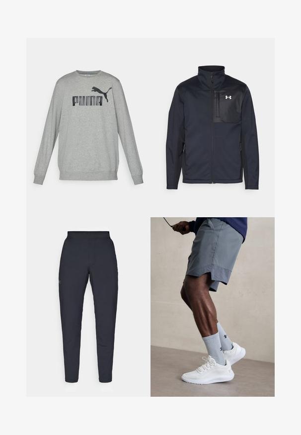 Casaco preto de mangas longas com gola alta, apresentando um fecho frontal, bolsos laterais e um painel peitoral preto em contraste com um logótipo.; Sweatshirt cinzento de manga longa feito de uma mistura de algodão, apresentando um logo "PUMA" em preto e um gráfico de puma a saltar na parte da frente. Punhos ajustados.; Calças de desporto negras com uma textura suave, corte justo, cintura elástica e bolsos laterais. Apresenta um pequeno logótipo na coxa esquerda.; Ténis desportivos brancos com parte superior em malha texturizada, acompanhados por meias caneleadas azul claro com um logótipo. Calções desportivos cinza com acabamento perfurado.