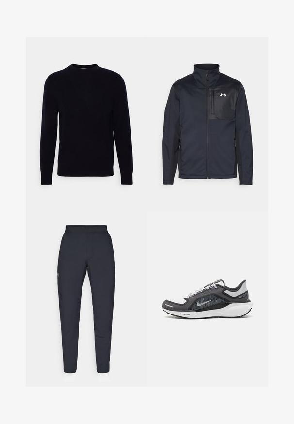 Pikkade varrukatega must jakk kõrge kraega, millel on ees tõmblukk, küljetaskud ja kontrastsest mustast kangast rinnapaneel logoga.; Tume sinine ümar kaelusega sviiter pikkaevariga, valmistatud pehmest kangast. Omab siledat tekstuuri ja klassikalist sobivust, ilma nähtavate mustrite või detailideta.; Mustad mustreid spordipüksid, millel on sile tekstuur, kitsas lõige, elastne vöökoht ja küljetaskud. Vasakule reiele on tikandatud väike logo.; Mustern ja hallide värvusega spordijalats, millel on võrgusilmast ülemine osa, peegeldavad aktsendid ja valge vaheosa. Omab tekstuuriga kummist välisosa ja kingapaelu.