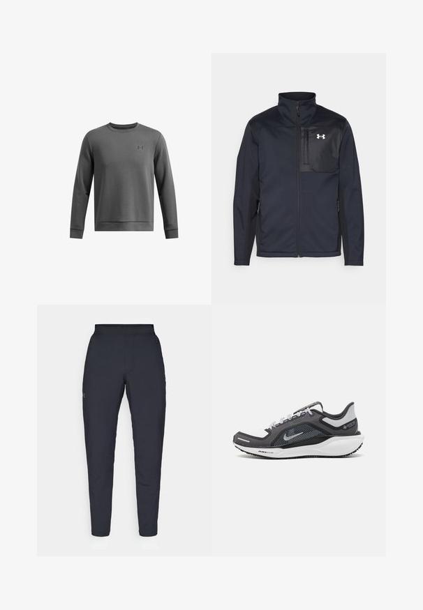 Čierna bunda s dlhým rukávom a vysokým golierom, vybavená predným zipsom, bočnými vreckami a kontrastným čiernym panelom na hrudi s logom.; Sivá mikina má okrúhly výstrih a dlhé rukávy, je vyrobená z mäkkej tkaniny s jemnou štruktúrou. Na hrudi je potlač loga.; Čierne športové nohavice s hladkým povrchom, priliehavým strihom, elastickým pásom a bočnými vreckami. Obsahujú malé logo na ľavom stehne.; Čierna a sivá športová obuv s vrchnou časťou z priedušného materiálu, reflexné akcenty a biely medzipodrážka. Obsahuje štruktúrovanú gumovú podrážku a šnúrky.