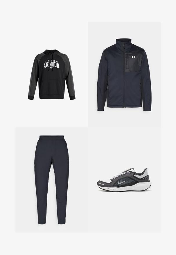 Schwarze Jacke mit langen Ärmeln und hohem Kragen, ausgestattet mit einem Frontreißverschluss, Seitentaschen und einem kontrastierenden schwarzen Brustpanel mit einem Logo.; Schwarzer Kapuzenpullover mit einer kanguruartigen Fronttasche, grauen Akzenten an den Ärmeln und dem weißen "UNDER ARMOUR"-Text quer über die Brust.; Schwarze Sporthose mit glatter Textur, schlankem Schnitt, elastischem Bund und seitlichen Taschen. Mit einem kleinen Logo auf dem linken Oberschenkel.; Schwarzer und grauer Sportschuh mit einem Mesh-Obermaterial, reflektierenden Akzenten und einer weißen Zwischensohle. Verfügt über eine strukturierte Gummisohle und Schnürsenkel.