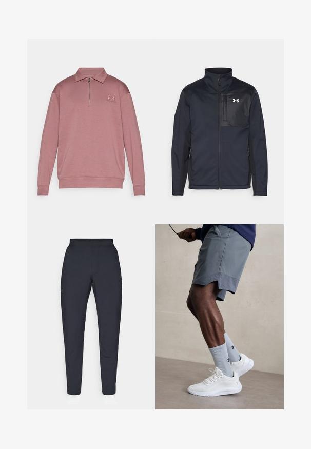 Veste noire à manches longues avec un col montant, dotée d'un zip avant, de poches latérales et d'un panneau central noir contrastant avec un logo.; Sweatshirt léger rose avec un col zippé, des manches longues, des poignets côtelés et un logo brodé sur la poitrine gauche. Texture douce.; Pantalons de sport noirs avec une texture lisse, coupe slim, taille élastique et poches latérales. Présente un petit logo sur la cuisse gauche.; Baskets de sport blanches avec une tige en mesh texturé, associées à des chaussettes bleues claires à côtes avec un logo. Shorts de sport gris avec des bordures perforées.