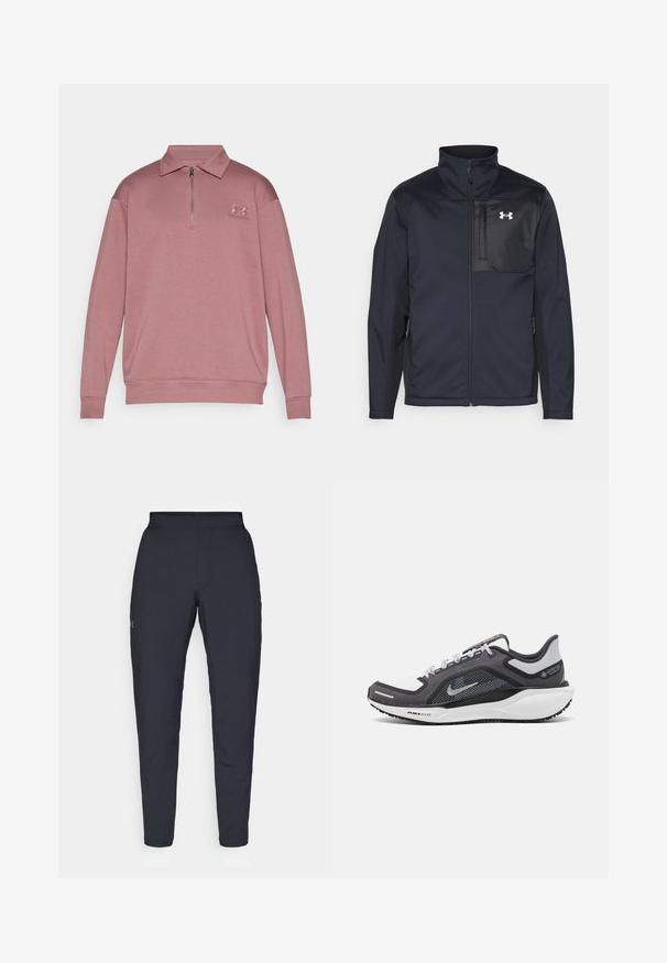 Zwarte lange mouwen jas met een hoge kraag, voorzien van een ritssluiting aan de voorkant, zijzakken en een contrasterend zwart borstpaneel met een logo.; Lichtroze pullover sweatshirt met een ritskraag, lange mouwen, geribde manchetten en een geborduurd logo op de linkerkant van de borst. Soepele textuur.; Zwarte sportbroeken met een gladde textuur, slanke pasvorm, elastische tailleband en zijzakken. Bevat een klein logo op het linkerdij.; Zwarte en grijze sportschoen met een bovenwerk van mesh, reflecterende accenten en een witte tussenzool. Beschikt over een gestructureerde rubberen zool en veters.