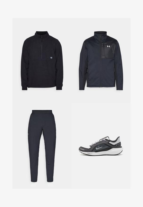 Zwarte lange mouwen jas met een hoge kraag, voorzien van een ritssluiting aan de voorkant, zijzakken en een contrasterend zwart borstpaneel met een logo.; Zwarte fleece pullover met een halflange ritskraag, voorzien van een borstnaaddetail en een klein logo aan de linkerkant. Zachte textuur, lange mouwen.; Zwarte sportbroeken met een gladde textuur, slanke pasvorm, elastische tailleband en zijzakken. Bevat een klein logo op het linkerdij.; Zwarte en grijze sportschoen met een bovenwerk van mesh, reflecterende accenten en een witte tussenzool. Beschikt over een gestructureerde rubberen zool en veters.