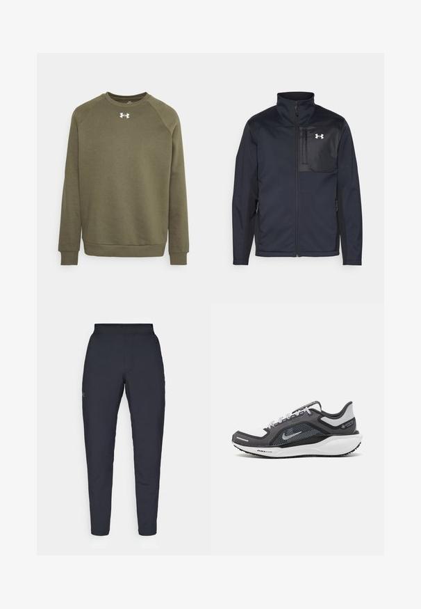 Hosszú ujjú fekete dzseki magas gallérral, elülső cipzárral, oldalsó zsebekkel és kontrasztos fekete mellpanellel, amely logót tartalmaz.; Olajzöld pulóver kerek nyakkal, raglán ujjakkal, bordázott mandzsettákkal és aljal, fehér logóval a mellkason.; Fekete sportnadrág sima textúrával, karcsú szabással, rugalmas derékrésszel és oldalzsebekkel. A bal combján egy kis logó található.; Fekete és szürke sportcipő, hálós felsőrésszel, fényvisszaverő részletekkel és fehér középtalppal. A talpa texturált gumiból készült, és fűzőkkel rendelkezik.