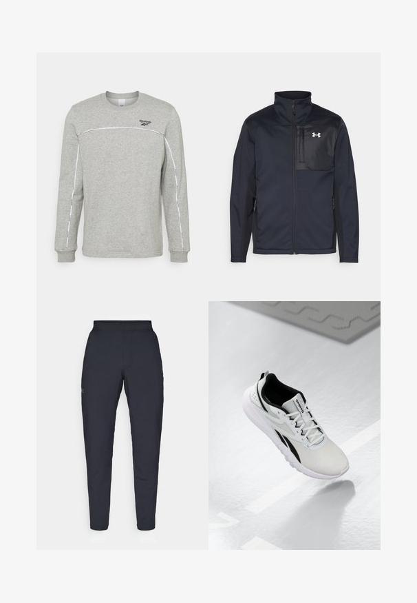 Casaco preto de mangas longas com gola alta, apresentando um fecho frontal, bolsos laterais e um painel peitoral preto em contraste com um logótipo.; Reebok PIPING CREW - Camisola - medium grey heather; Calças de desporto negras com uma textura suave, corte justo, cintura elástica e bolsos laterais. Apresenta um pequeno logótipo na coxa esquerda.; Sapatilha atlética cinza-claro com detalhes pretos, parte superior em malha texturizada, sola acolchoada e fecho com atacadores. Possui uma aba de puxar no calcanhar.