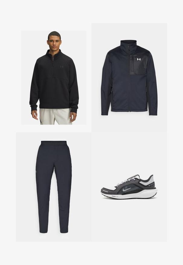 Chaqueta negra de manga larga con cuello alto, que cuenta con un cierre frontal, bolsillos laterales y un panel en el pecho de color negro en contraste con un logotipo.; Sudadera negra de media cremallera hecha de una tela suave, con un collar alto, mangas raglán y un logo sutil en el pecho.; Pantalones deportivos negros con una textura suave, corte ajustado, cinturilla elástica y bolsillos laterales. Presentan un pequeño logo en el muslo izquierdo.; Zapatilla deportiva negro y gris con parte superior de malla, acentos reflectantes y una entresuela blanca. Presenta una suela de goma texturizada y cordones.