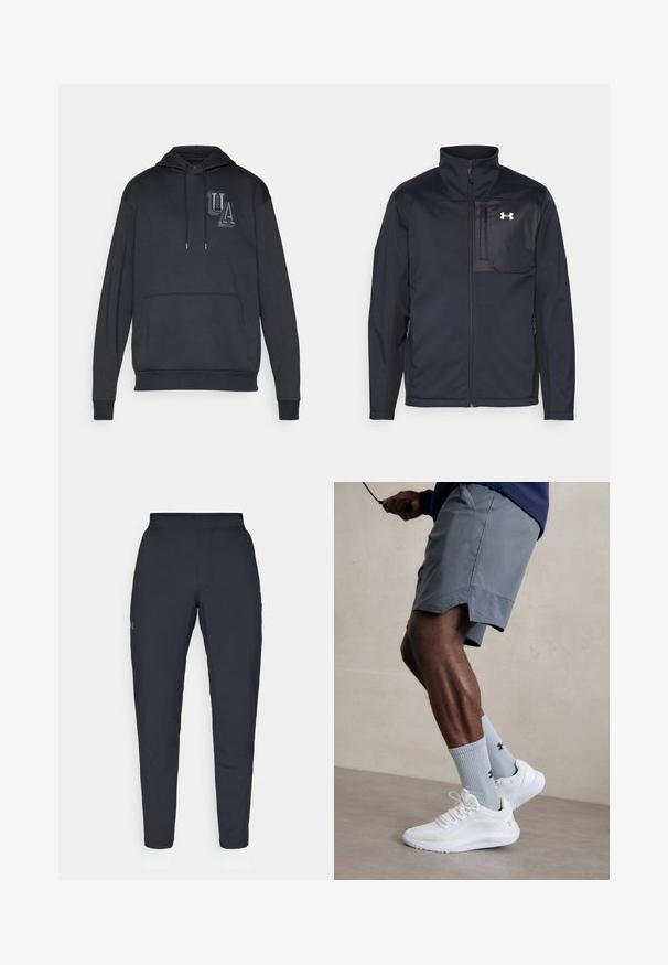 Jachetă neagră cu mâneci lungi, cu guler înalt, având un fermoar frontal, buzunare laterale și un panou central contrastant negru cu un logo.; Hanorac negru cu glugă, dotat cu un buzunar frontal, având un logo texturat "UA" pe piept și șnururi la gât. Material moale.; Pantaloni sportivi negri cu o textură fină, croială slim, talie elastică și buzunare laterale. Prezentă un mic logo pe coapsa stângă.; Încălțăminte sport albă cu partea superioară din plasă texturată, asociată cu șosete ribbate de culoare bleu deschis care au un logo. Şorturi sportive gri cu margine perforată.