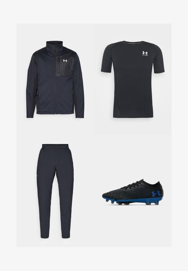Černá bunda s dlouhými rukávy a vysokým límcem, která má přední zip, boční kapsy a kontrastní černou hrudní část s logem.; Černé sportovní tričko s krátkým rukávem vyrobené z materiálu odvádějícího vlhkost a pružného tkaniny. Má kulatý výstřih a malé bílé logo na prsou.; Černé sportovní kalhoty s hladkou texturou, slim fit, elastickým pasem a bočními kapsami. Na levém stehně je umístěno malé logo.; Černý fotbalový kopač s texturovaným svrškem, modrými akcenty na podrážce a logu, a černými šněrovadly. Navržen pro trakci a podporu.